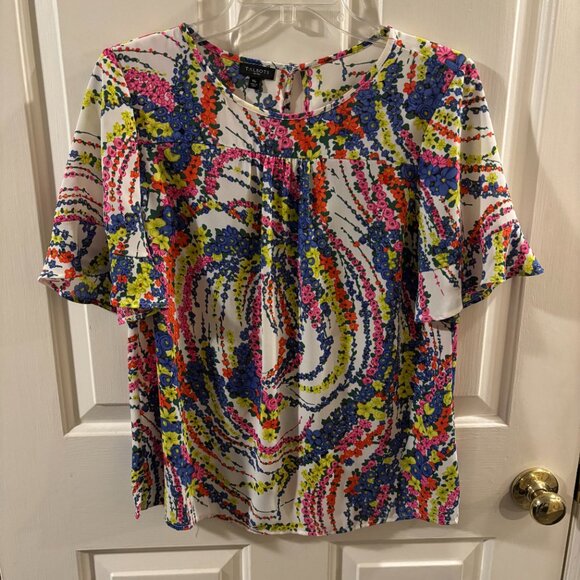 Talbots Petites Women's Ruffle-Short Sleeve Top ~ Swirling Floral ~ MP ~ EUC - Picture 3 of 8